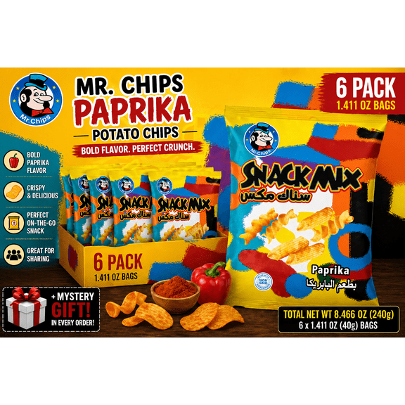 Mr. Chips Paprika Potato Chips, 1.411 oz Bags (Pack of 6) | Paprika Flavored Crispy Snack Chips | Individual Snack Size Bags | Imported Crunchy Chips | Bundled by SUPERDEALS with Mystery Gift
