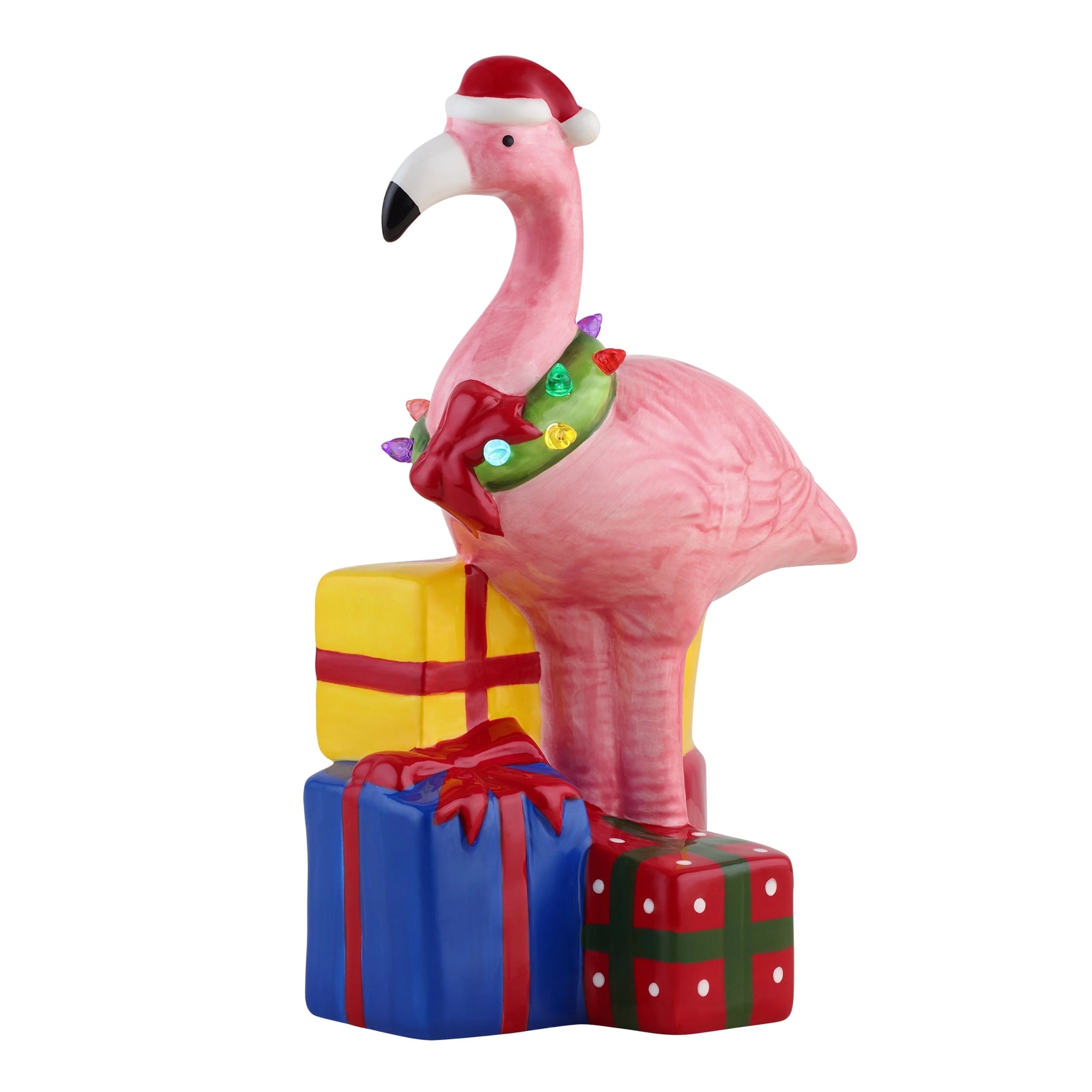 Festive Pink Ceramic Flamingo with LED Wreath and Gifts
