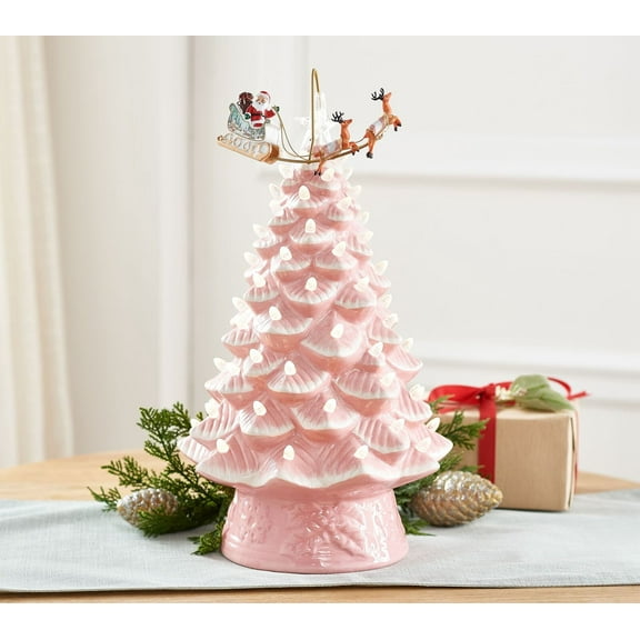 Mr. Christmas 16" Animated Ceramic Nostalgic Tree - White Santa in Pink