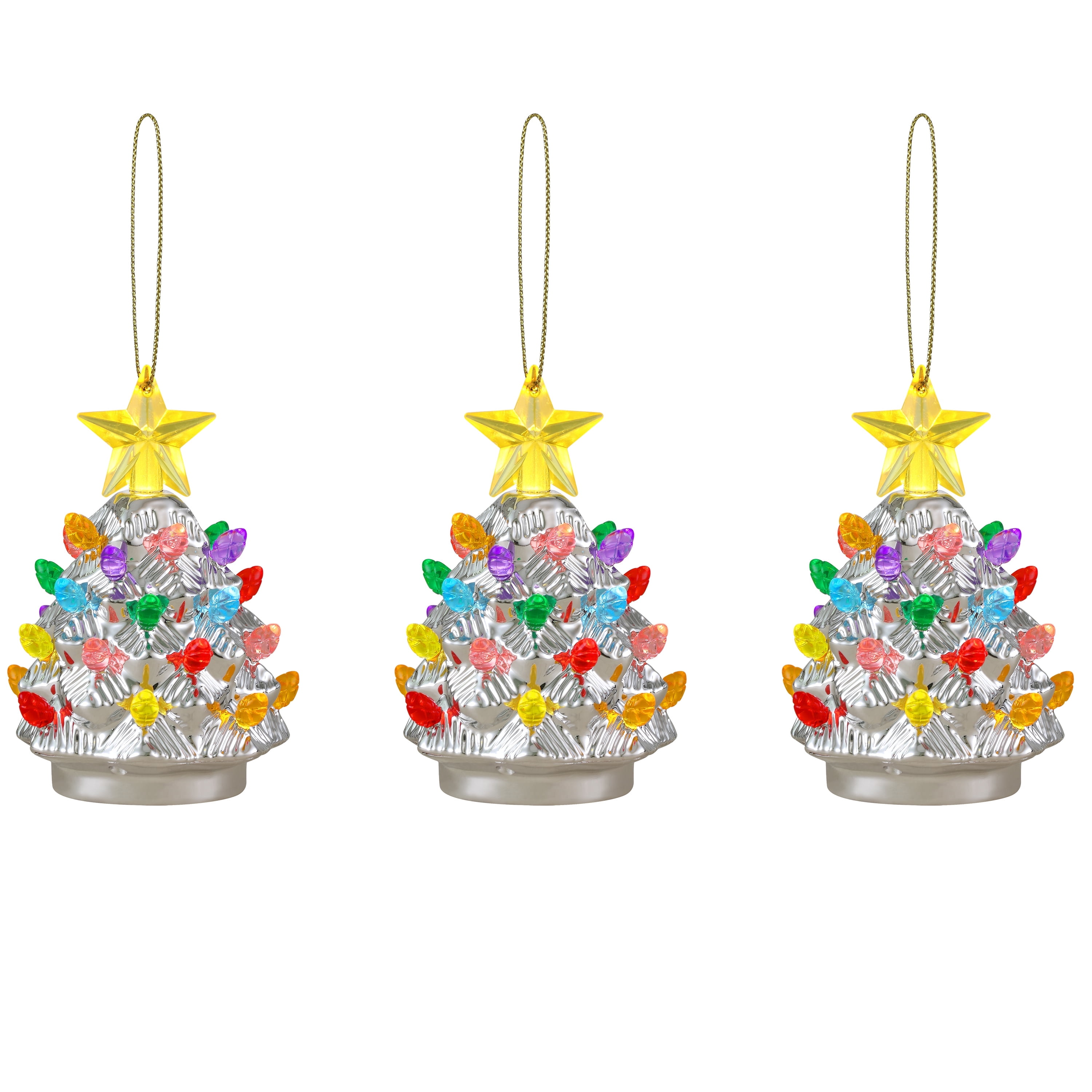 4" Silver Porcelain Christmas Tree Ornaments with LED Lights, Set of 3