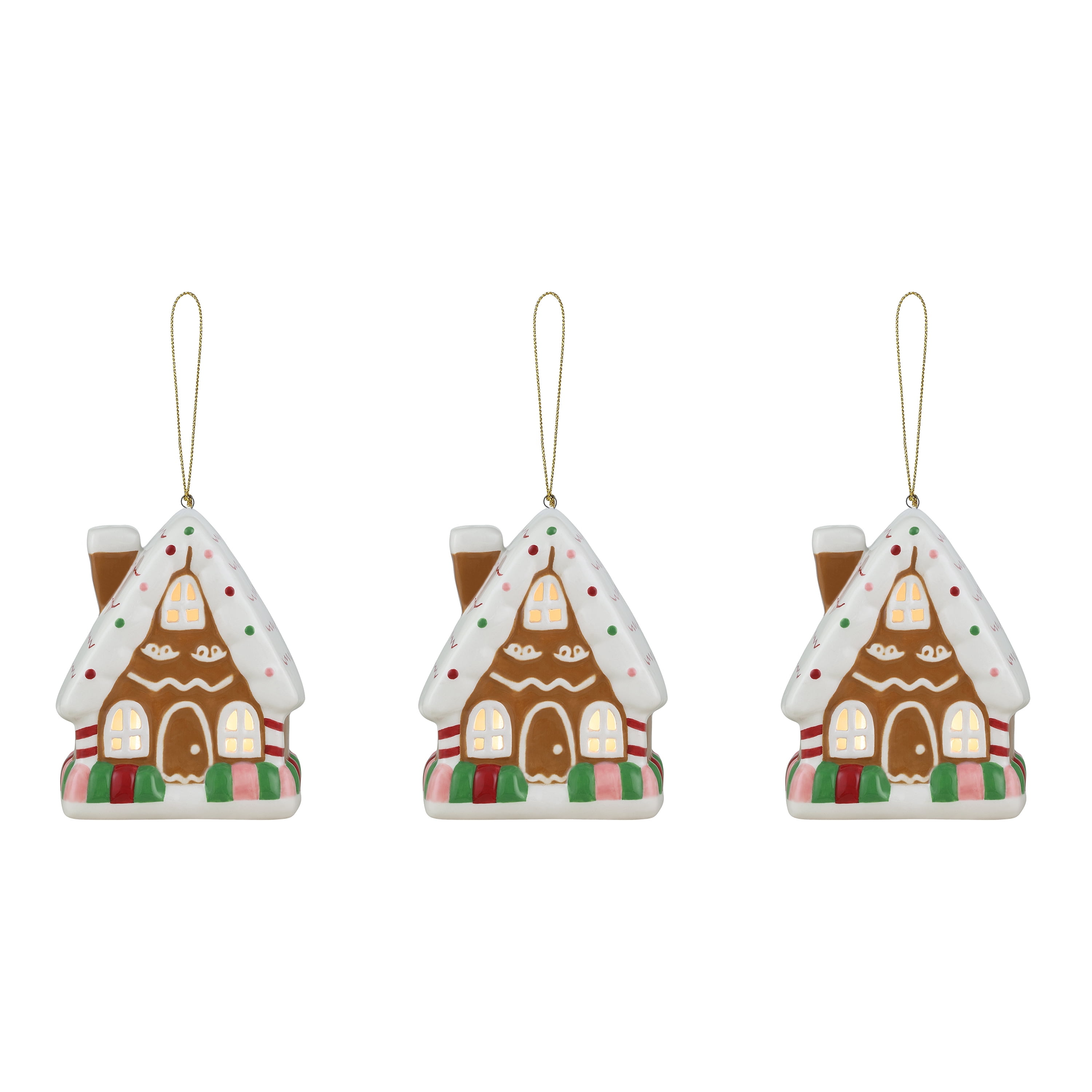 Set of 3 LED Lighted Porcelain Gingerbread House Ornaments