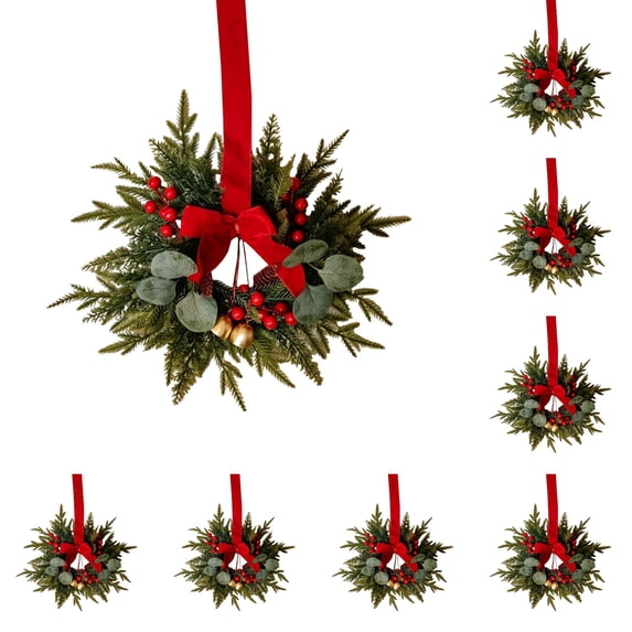Mr. Christmas Wreath,Artificial Small Wreaths with Velvet Bow & Red Berries,Christmas Wreaths for Front Door, for Cabinets Kitchen,Window,Farmhouse Wall Xmas Decor,10 PC