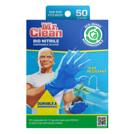 Mr. Clean 50-Count Nitrile Biodegradable Disposable Gloves, One Size Fits Most