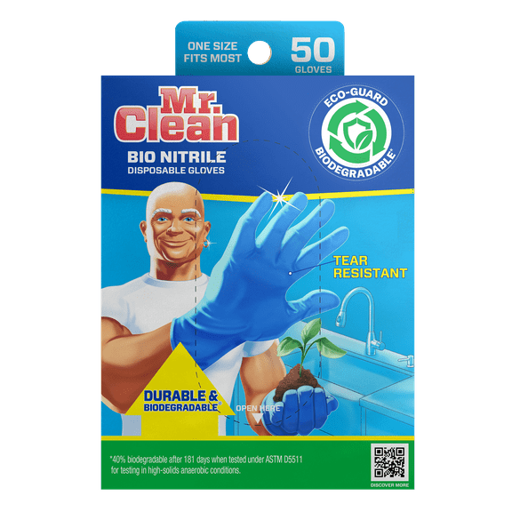 Mr. Clean 50-Count Nitrile Biodegradable Disposable Gloves, One Size Fits Most
