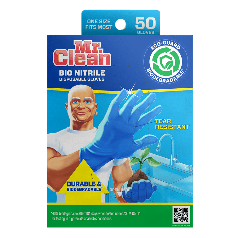 Mr. Clean Biodegradable Nitrile Disposable Gloves, 50-Count, Blue, One Size Fits Most