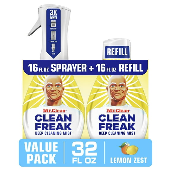 Mr. Clean Clean Freak Multi-Surface Spray, 1 Starter Kit, 1 Refill, Lemon Zest, 32 fl oz (2 Packs)