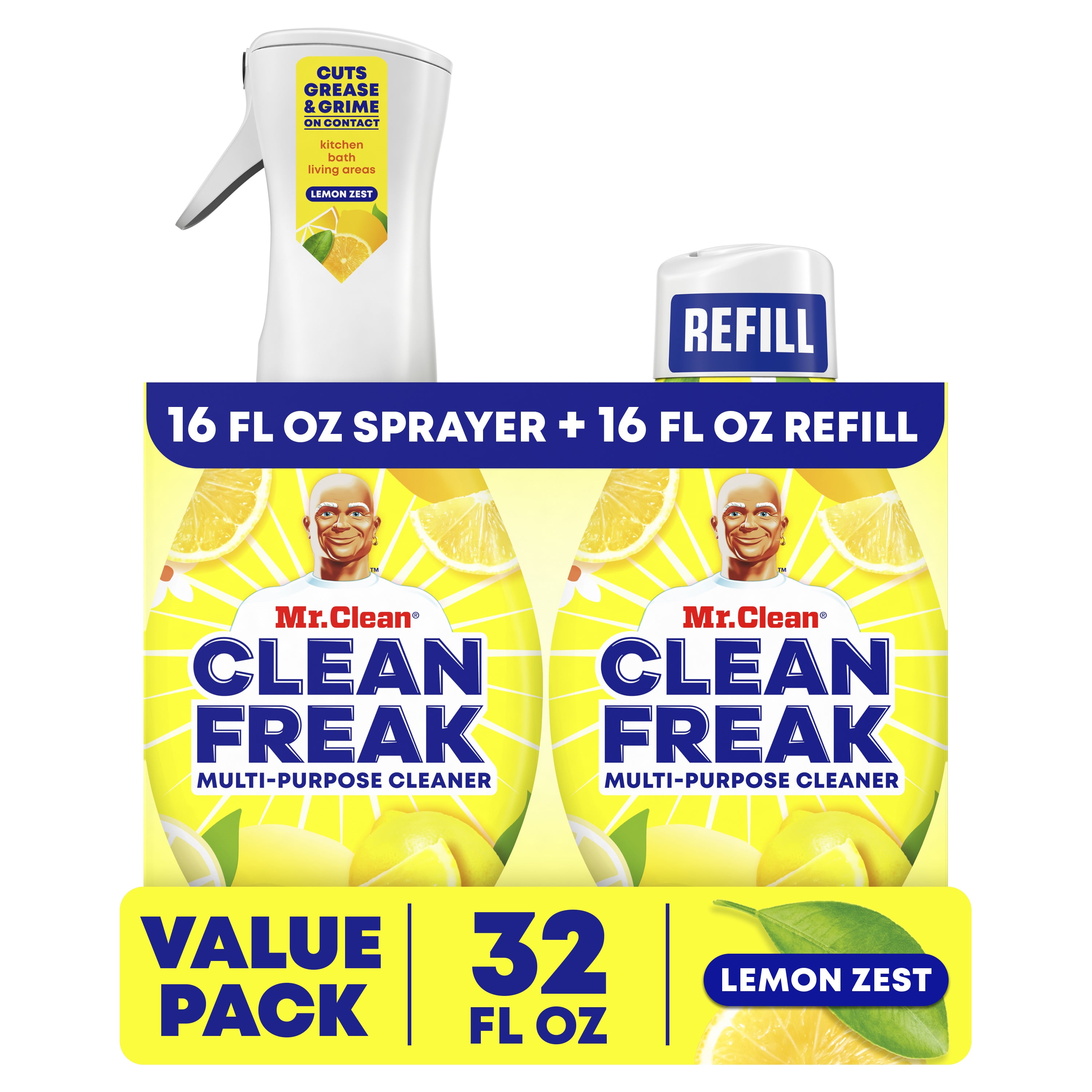 Mr. Clean, Clean Freak Multi-Surface Spray, Pk 1 Starter Kit, 1 Refill, Lemon Zest, 32 fl oz