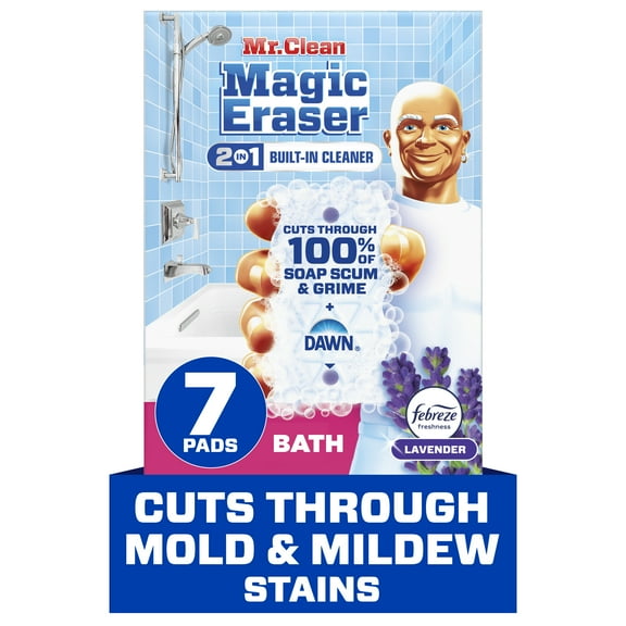 Mr. Clean Magic Eraser Sponge, Bathroom Cleaner, Soap Scum Shower & Tub Cleaner, 2 in 1 Bath, Lavender, 7 Count