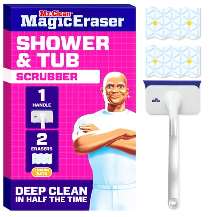 Mr. Clean Shower & Tub Scrubber, Starter Kit, 1 Scrubber & 2 Erasers
