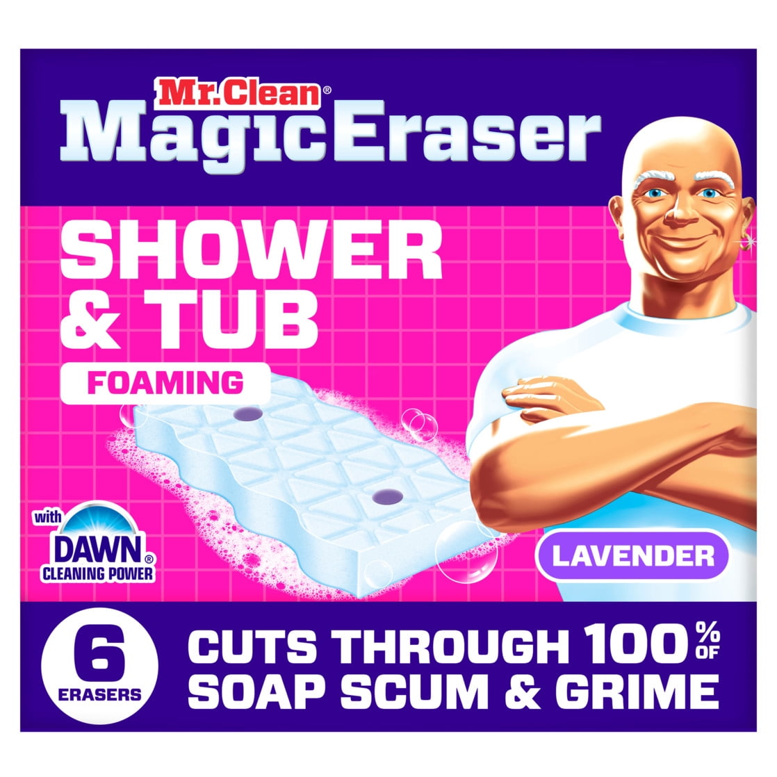 Mr. Clean Magic Eraser Sponge, Bathroom Cleaner, Soap Scum Shower & Tub Cleaner, Lavender, 6ct