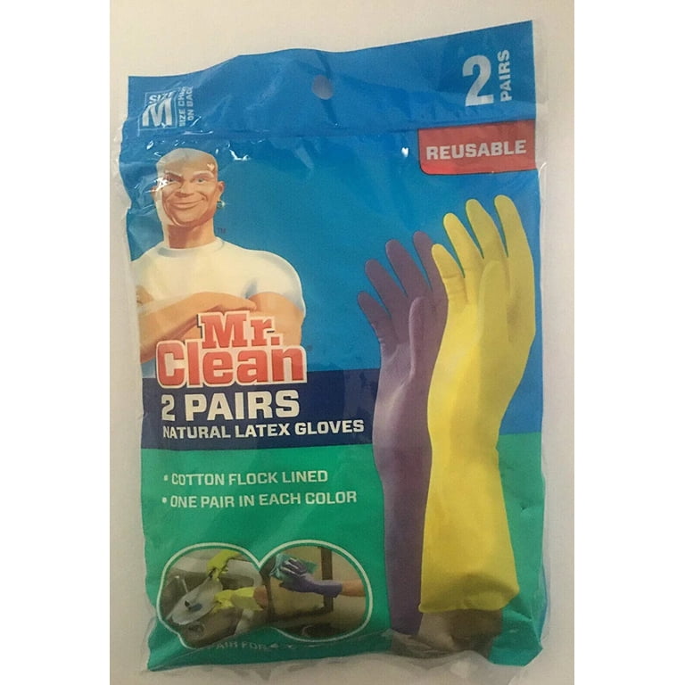 Mr. Clean Reusable Latex Gloves - 2 Pairs, Medium, Cotton Flock Lined, Kitchen & Bath, Grippy Texture
