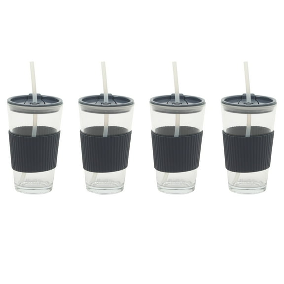 Mr. Coffee 4-Pack 15oz Midnight Blue Glass Tumblers with Lids and Straws – Reusable Iced Coffee Cups – Dishwasher Safe – To-Go Drinkware Water Glasses