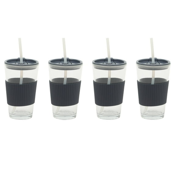Mr. Coffee 4-Pack 15oz Midnight Blue Glass Tumblers with Lids and Straws – Reusable Iced Coffee Cups – Dishwasher Safe – To-Go Drinkware Water Glasses