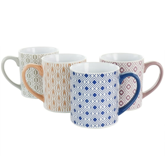 Mr. Coffee Bliss 4 Piece 20oz Can Shaped Stoneware Mug Set in Assorted Colors and Patterns