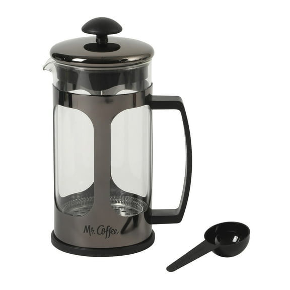 Mr. Coffee French Press Coffee Maker, 30 oz Glass Carafe with High Heat Resistant Durable Borasilicate Glass & Gunmetal Frame and Plunger, Includes Coffee Scoop