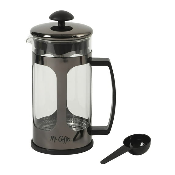 Mr. Coffee French Press Coffee Maker, 30 oz Glass Carafe with High Heat Resistant Durable Borasilicate Glass & Gunmetal Frame and Plunger, Includes Coffee Scoop
