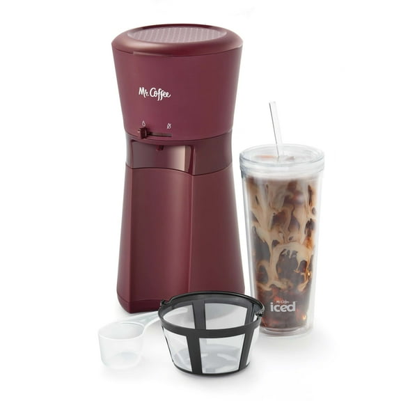 Mr. Coffee Iced Coffee Maker with Reusable Tumbler and Coffee Filter, Burgundy