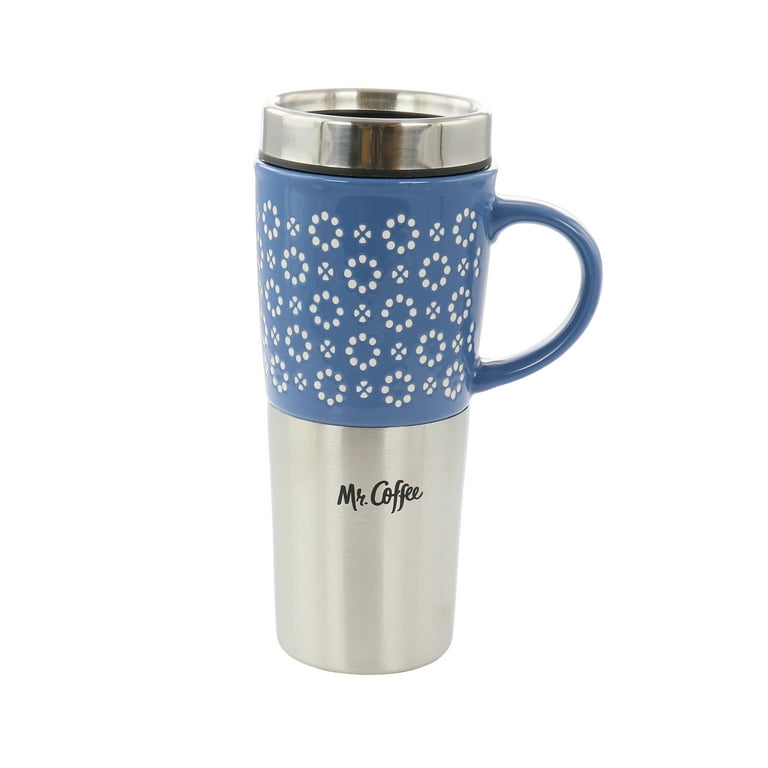 Mr. Coffee Travertine 16 Ounce Stoneware and Stainless Steel Travel Mug  With Lid in Blue