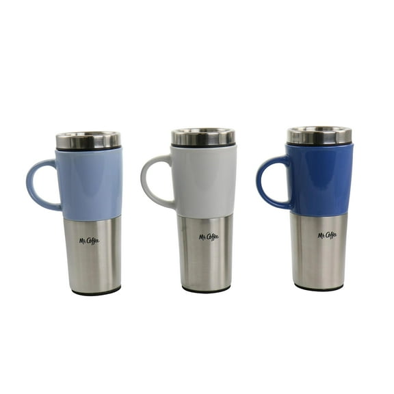 Mr. Coffee Travertine 16 oz. Stoneware and Stainless Steel Travel Mug with Lid set of 3 Assorted
