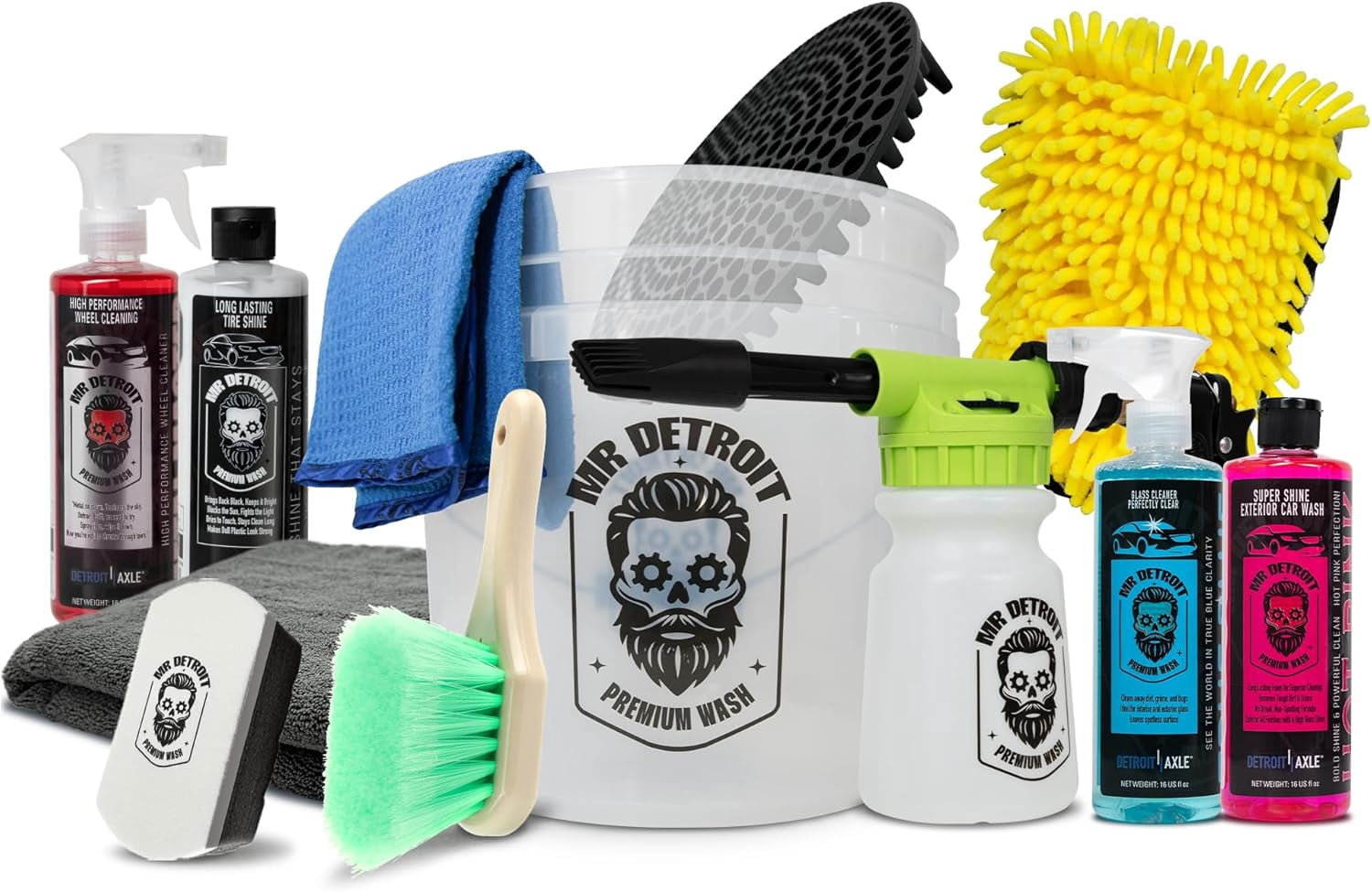 Mr. Detroit - 12pc Car Wash Kit with Foam Blaster, Bucket and Filter, Car Wash Cleaners, Towels, Wash Glove, Brush, Sponge Pad, Exterior and Interior Detailing for Vehicles