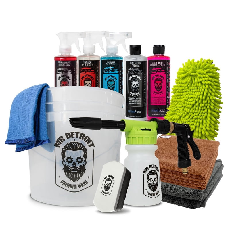 Mr. Detroit - 12pc Car Wash Kit with Foam Blaster, Bucket, Car Care Cleaners, Towels, Wash Mitt, Sponge Pad, Effective Deep Detailing for Vehicles