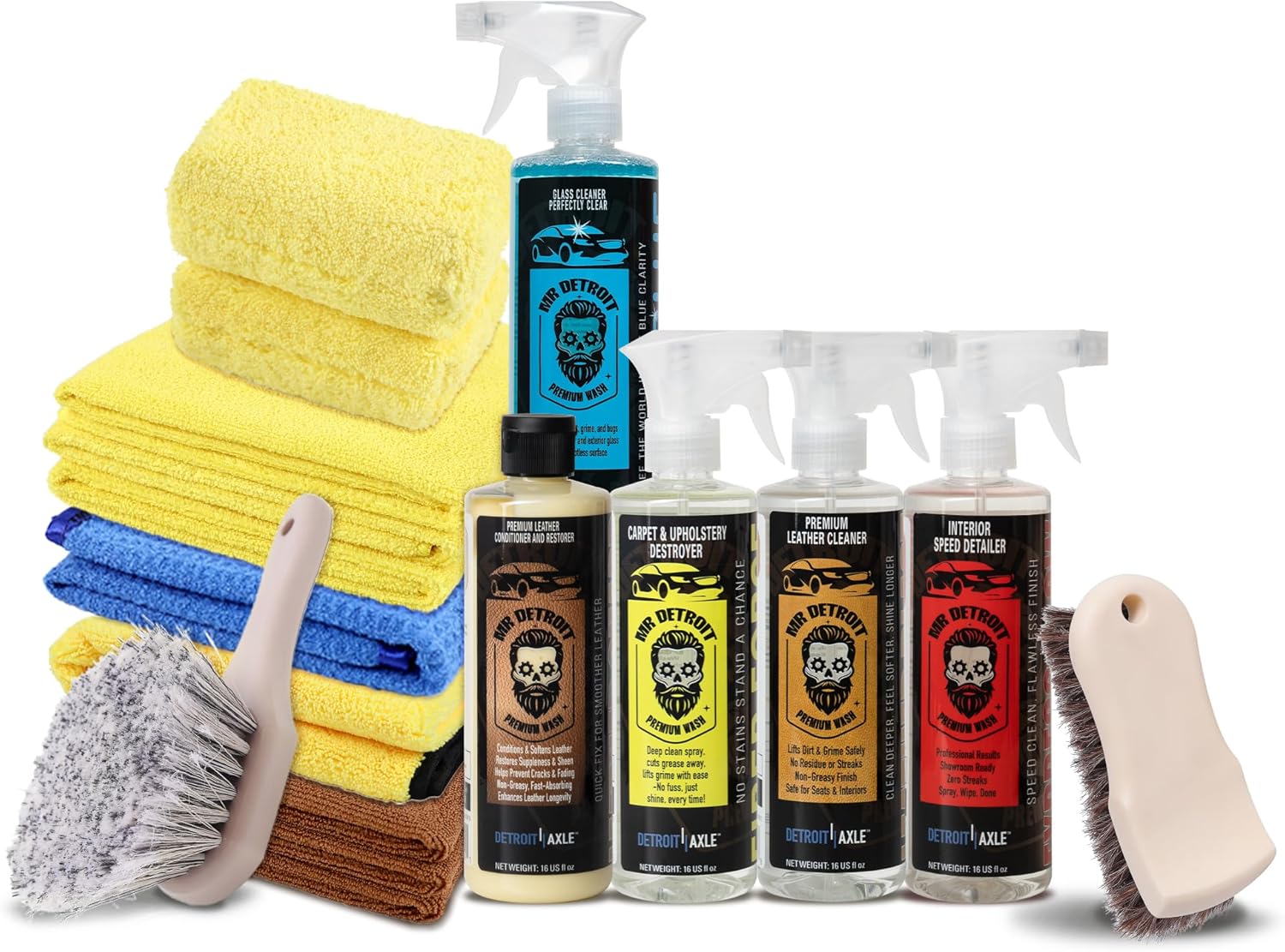 Mr. Detroit - 12pc Leather Care Kit with Microfiber Towels, Brushes, Leather Cleaner and Restorer, Carpet & Upholstery Cleaner, Interior Speed Detailer, Glass Cleaner, Applicator Pad