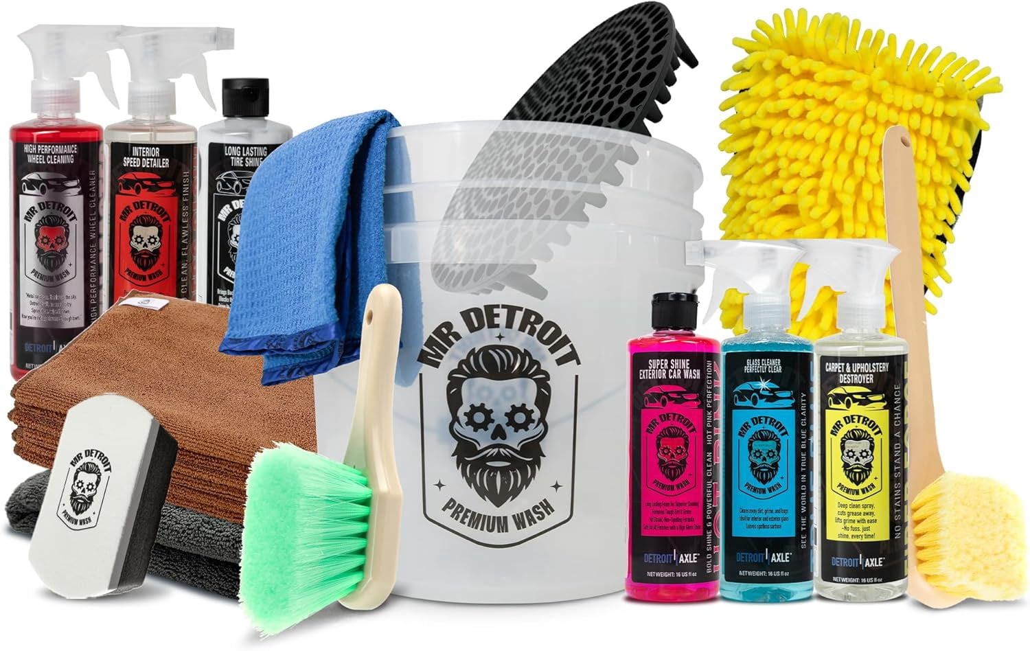 Mr. Detroit - 15pc Car Wash Kit with Car Cleaners, Bucket and Filter, Towels, Wash Glove, Long Handle Brushes, Sponge Pad, Exterior and Interior Detailing for Vehicles