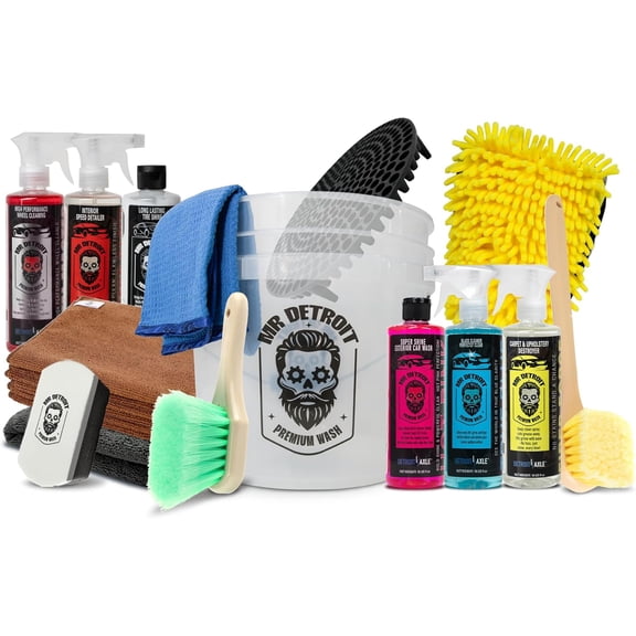 Mr. Detroit - 15pc Car Wash Kit with Car Cleaners, Bucket and Filter, Towels, Wash Glove, Long Handle Brushes, Sponge Pad, Exterior and Interior Detailing for Vehicles