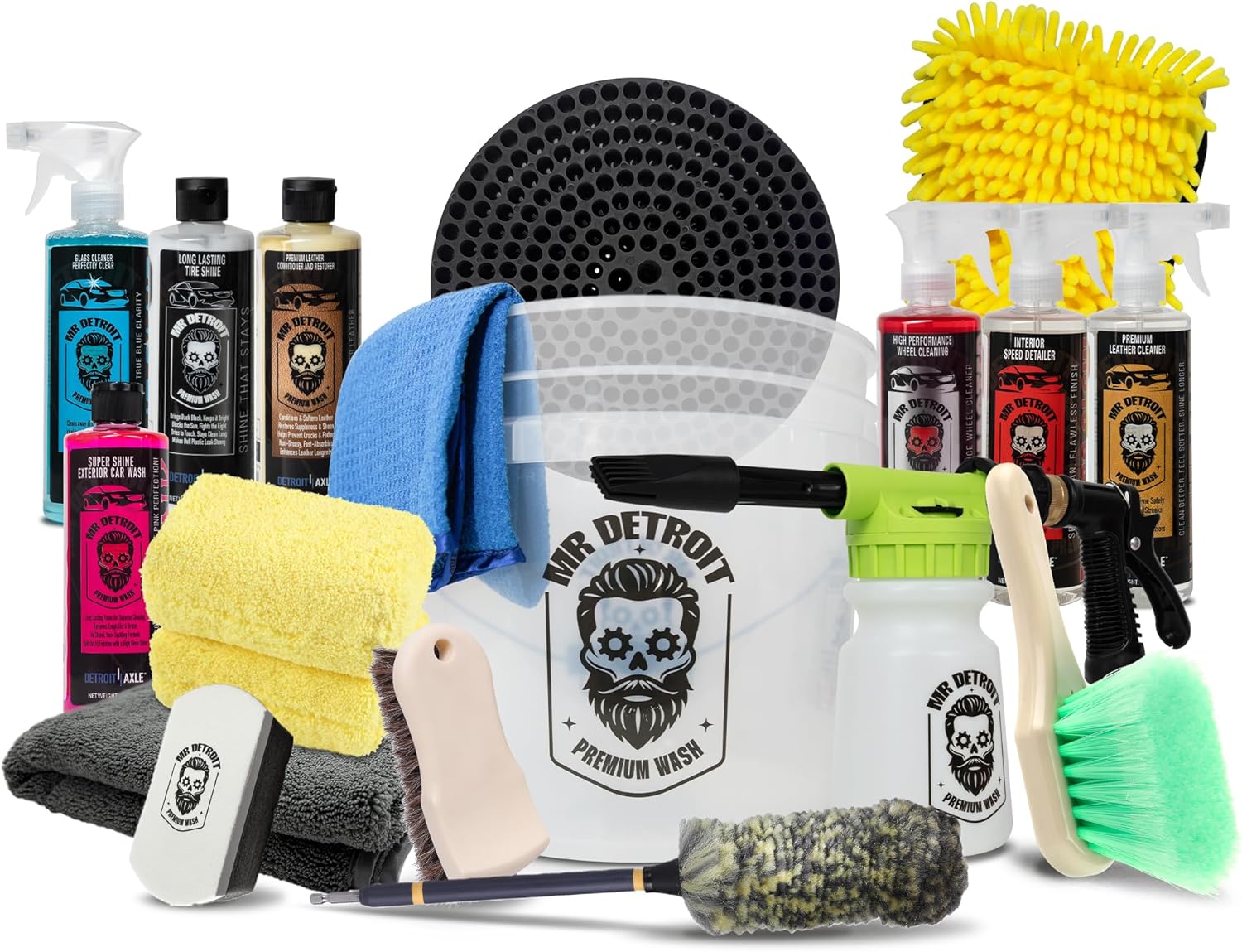 Mr. Detroit - 18pc Car Wash Kit with Foam Blaster, Bucket and Filter, Car Cleaners, Leather Conditioner, Towels, Wash Glove, Brush, Sponge Pads, Exterior and Interior Detailing for Vehicles