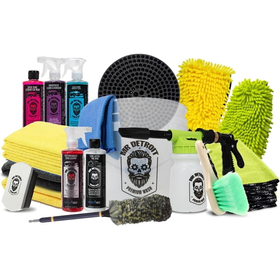Mr. Detroit - 18pc Car Washing Kit| Foam Blaster, 3.5 Gal Bucket, Wash Mitts, Wheel and Glass Cleaner, 16oz Degreaser, Wheel Brushes, Car Wash Soap, Tire Shine, Applicator Pad, Towels