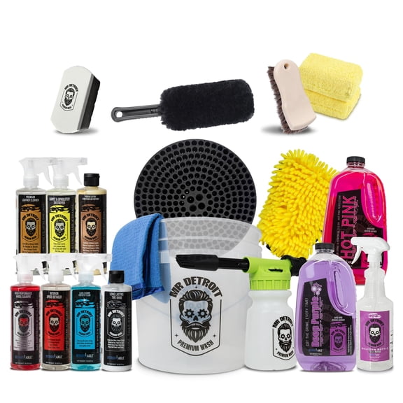 Mr. Detroit - 19pc Car Wash Kit with Foam Blaster, Bucket & Filter, Car Care Cleaners, Leather Conditioner, Wash Glove & Towels, Brushes, Sponge Pads, Exterior and Interior Detailing for Vehicles