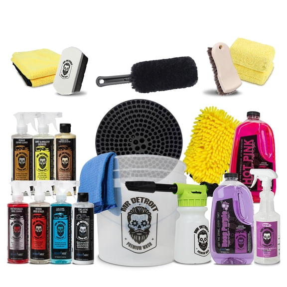 Mr. Detroit - 20pc Car Wash Kit with Foam Blaster, Bucket & Filter, Car Care Cleaners, Leather Conditioner, Wash Glove & Towels, Brushes, Sponge Pads, Exterior and Interior Detailing for Vehicles