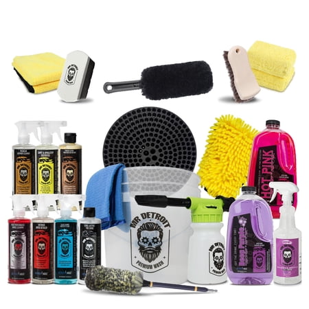 Mr. Detroit - 21pc Car Wash Kit with Car Care Cleaners, Wheel Brushes, Foam Blaster, Bucket w/Filter, Leather Conditioner, Wash Glove & Towels, Exterior and Interior Detailing for Vehicles
