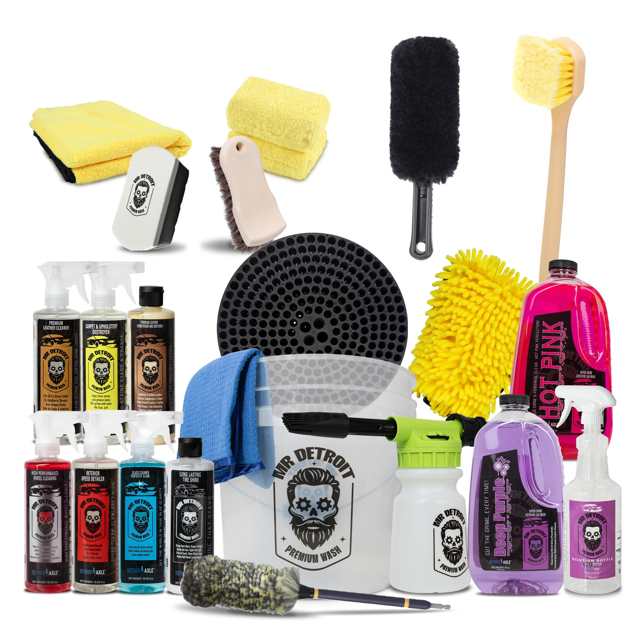 Mr. Detroit - 22pc Car Wash Kit with Foam Blaster, Bucket w/Filter, Car Care Cleaners, Leather Conditioner, Towels, Wash Glove, Brushes, Sponge Pads, Exterior and Interior Detailing for Vehicles