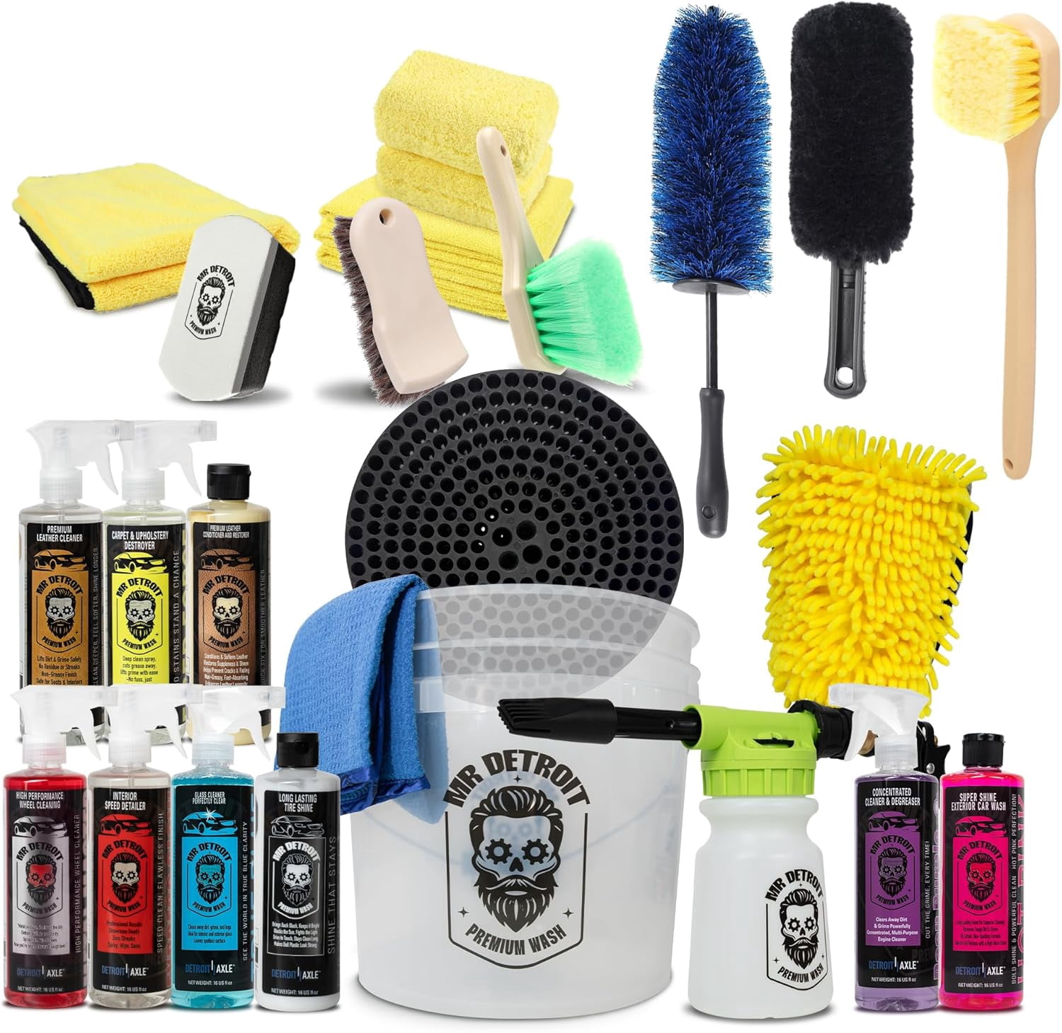 Mr. Detroit - 23pc Car Wash Kit with Foam Blaster, Bucket, Car Care Cleaners, Towels, Wash Glove, Brushes, Leather Conditioner, Sponge Pads, Exterior and Interior Detailing for Vehicles