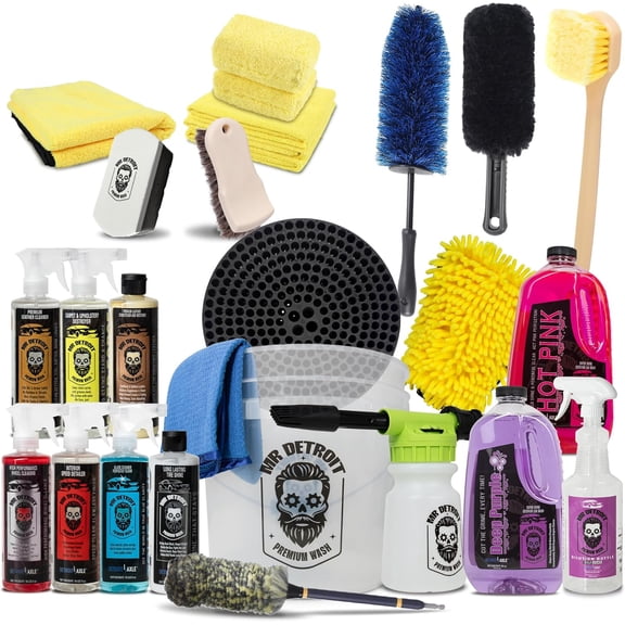 Mr. Detroit - 24pc Car Wash Kit with Foam Blaster, Bucket & Filter, Car Care Cleaners, Leather Conditioner, Wash Glove & Towels, Brushes, Sponge Pads, Exterior and Interior Detailing for Vehicles