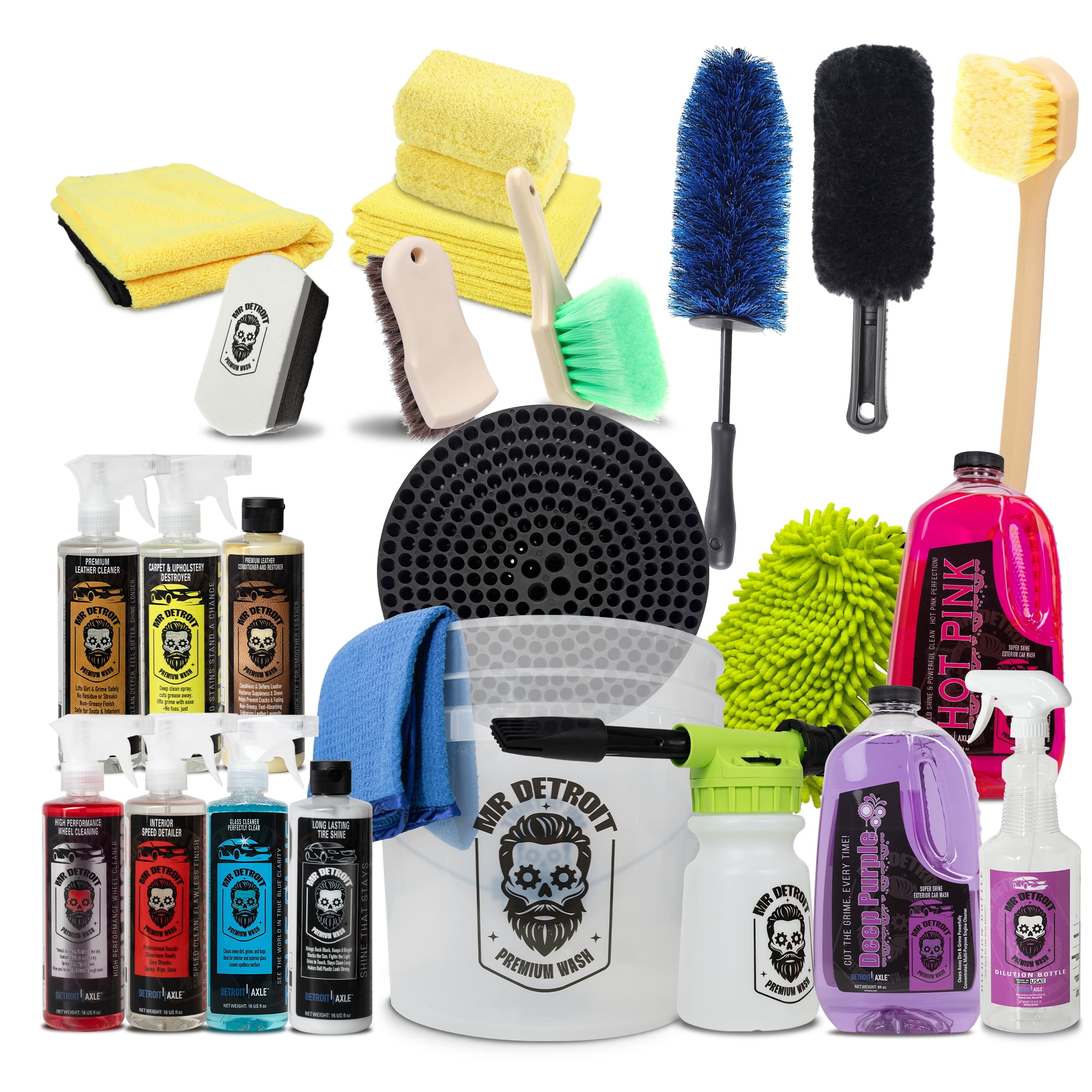 Mr. Detroit - 24pc Car Wash Kit with Foam Blaster, Bucket w/Filter, Car Care Cleaners, Towels, Wash Mitt, Brushes, Leather Conditioner, Sponge Pads, Exterior and Interior Detailing for Vehicles