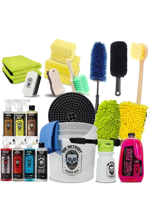 Mr. Detroit - 25pc Car Wash Kit with Foam Blaster, Bucket, Car Care Cleaners, Wash Gloves, Towels, Brushes, Leather Conditioner, Sponge Pads, Exterior & Interior Detailing for Vehicles