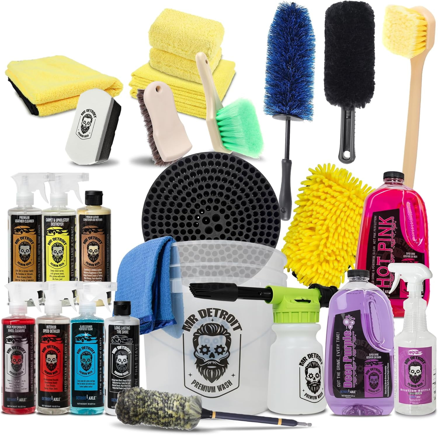 Mr. Detroit - 25pc Car Wash Kit with Foam Blaster, Bucket & Filter, Car Care Cleaners, Leather Conditioner, Wash Glove & Towels, Brushes, Sponge Pads, Exterior and Interior Detailing for Vehicles