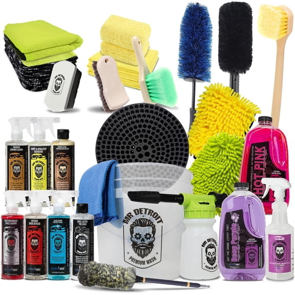 Mr. Detroit - 26pc Car Wash Kit with Foam Blaster, Leather Conditioner, Car Cleaners, Towels, Bucket, Glove, Brushes, Sponge Pads, Tire Shine, Exterior and Interior Detailing for Vehicles