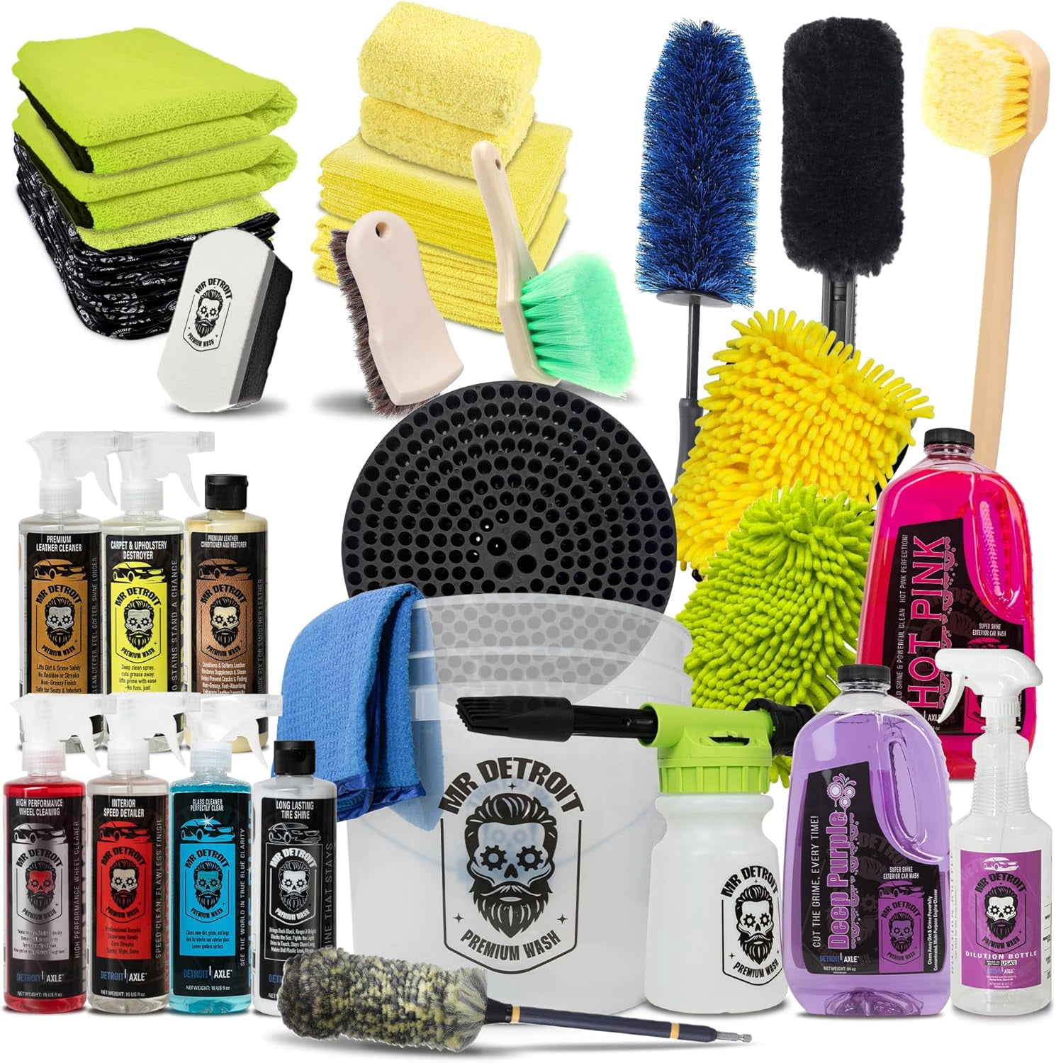 Mr. Detroit - 29pc Car Wash Kit with Foam Blaster, Soap, Bucket, Towels, Glove, Mitt, Sprayer Bottle, Degreaser, Brushes, Pads, Tire Shine, Wheel Cleaner, Exterior Interior Detailing for Vehicles