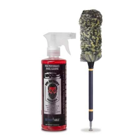Mr. Detroit - 2pc Car Wash Kit Drill Wheel Brush and High-Performance Cleaner, 16oz Wheel & Tire Cleaner, Scratch-Free Brush w/Durable Soft Bristles, Easily Clean Narrow Spaces
