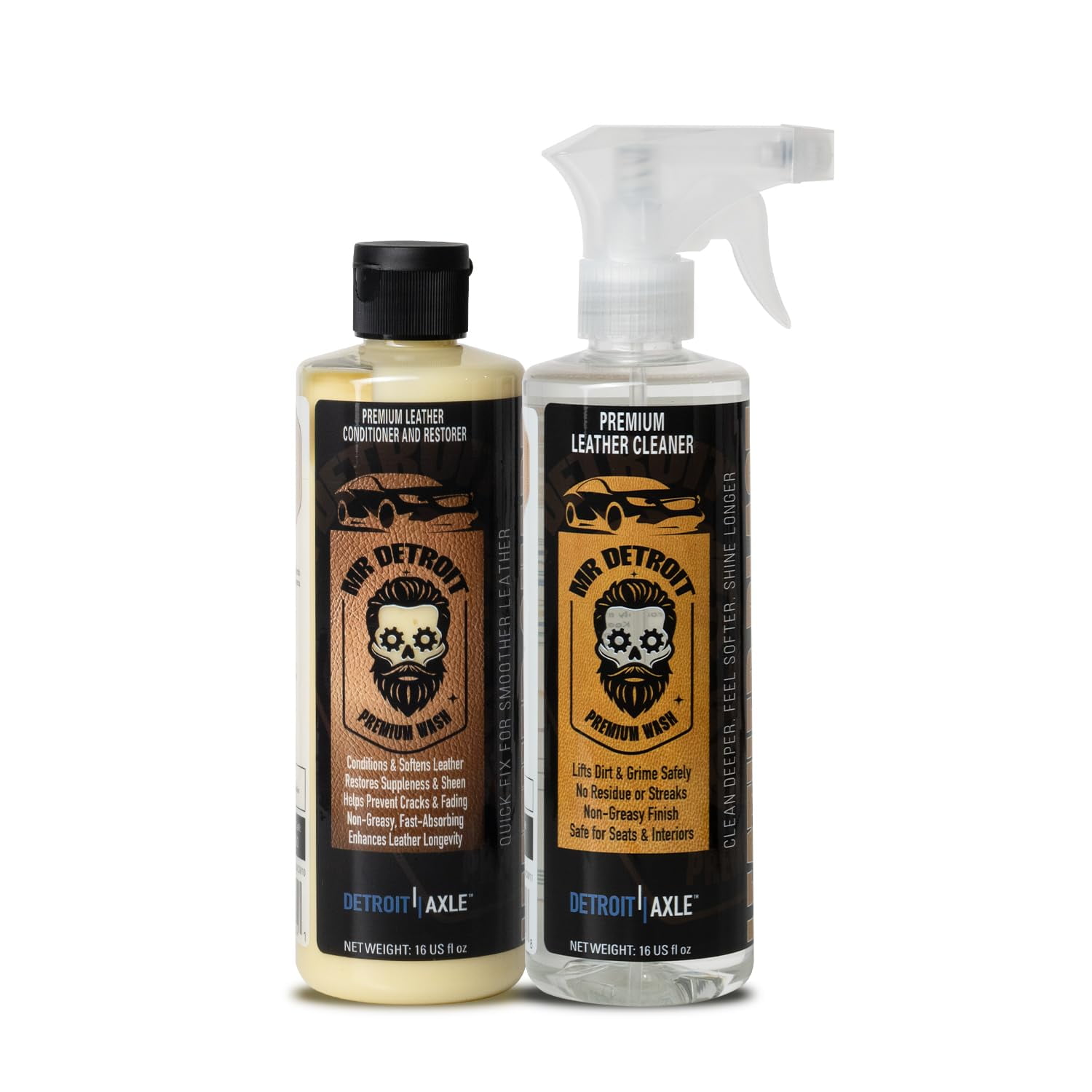 Mr. Detroit - 2pc Leather Care Kit Includes 16oz Cleaner and 16oz Non-Greasy Leather Conditioner & Restorer for Car Interiors, Seats, Furniture & Accessories