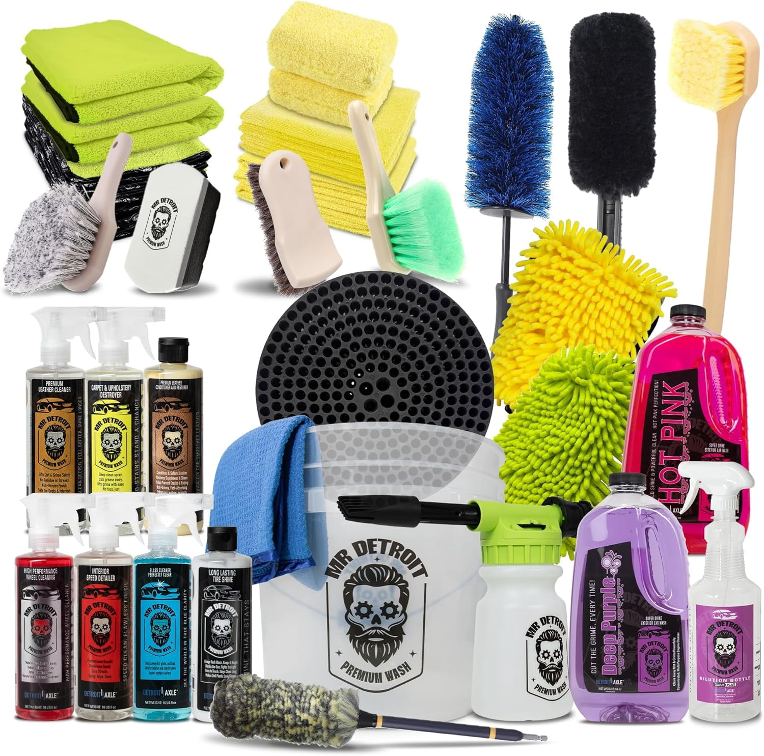 Mr. Detroit - 30pc Car Wash Kit with Foam Blaster, Soap, Detailing Bucket, Towels, Wash Glove and Mitt, Sprayer Bottle, Degreaser, Brushes, Pads, Exterior Interior Detailing for Vehicles