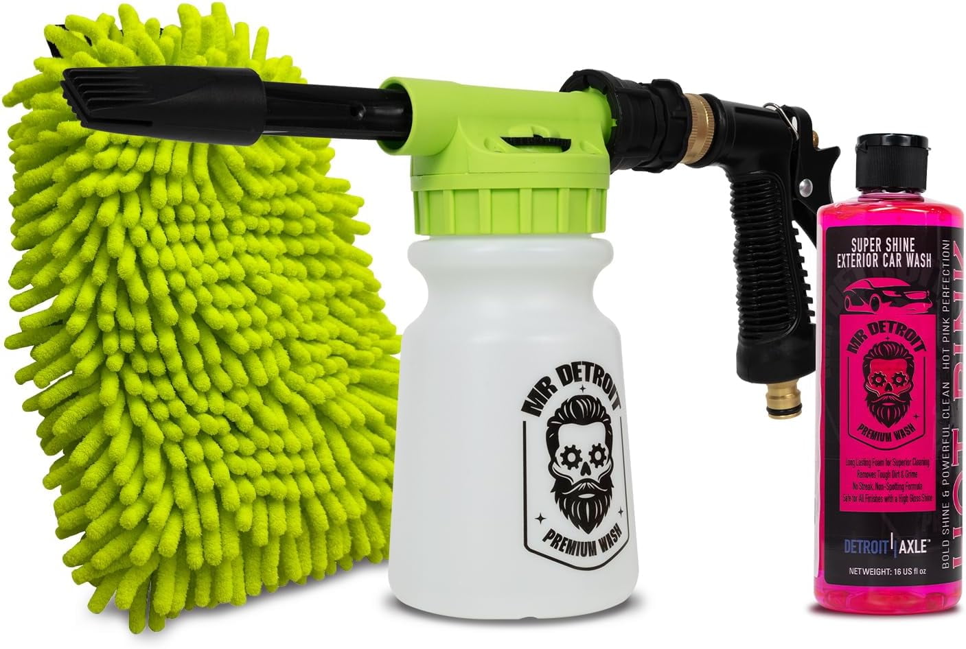 Mr. Detroit - 3pc Car Wash Kit with Foam Blaster, 16oz Car Cleaning Soap, Double Noodle Wash Mitt, Scratch-Free Wash Gun Foam Cannon Streak-Free Exterior Cleaner for Auto Cleaning & Home Use