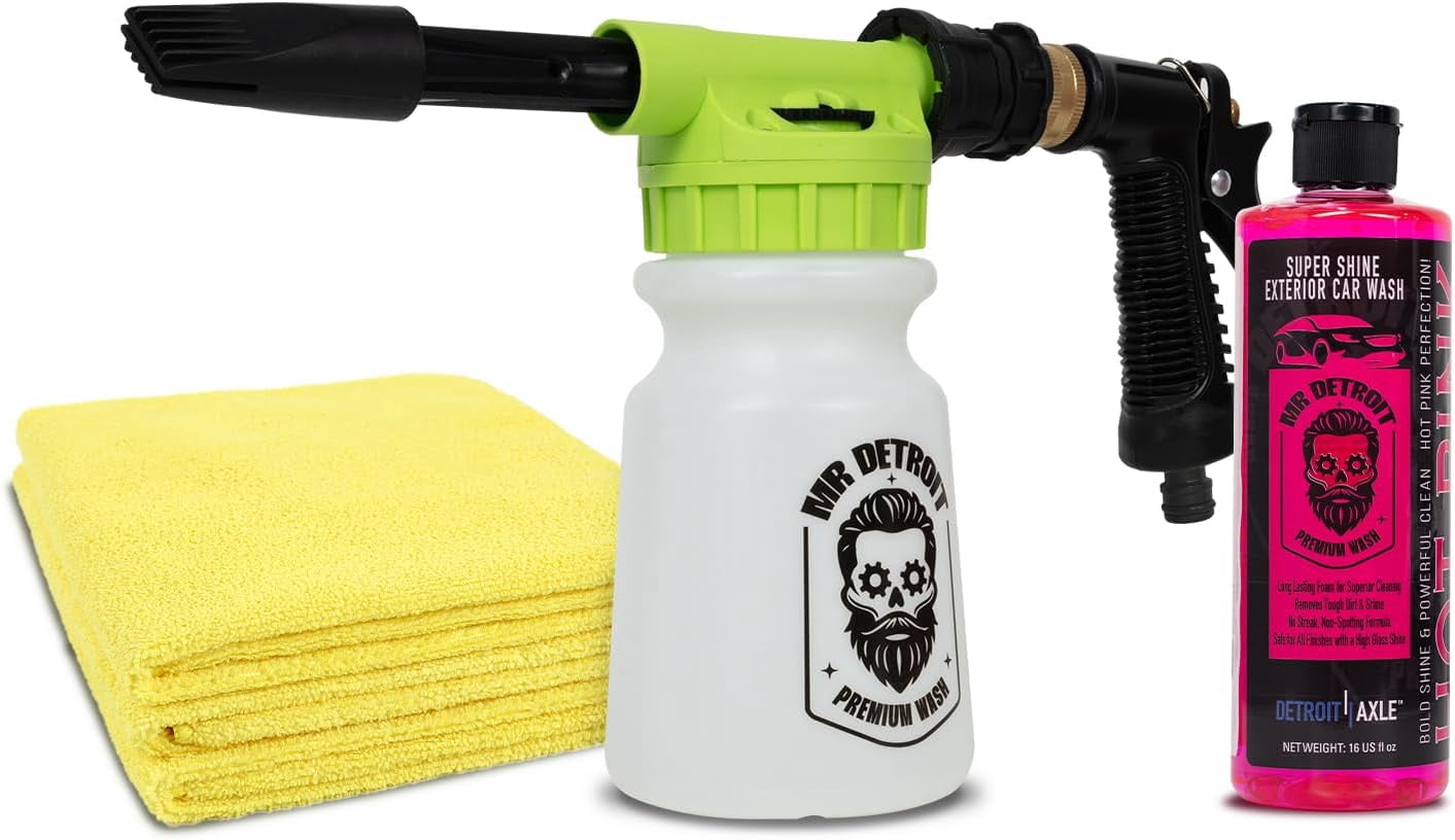 Mr. Detroit - 3pc Car Wash Kit with Foam Blaster, 16oz Car Wash Soap, Microfiber Towels (Pack of 3), Scratch-Free Wash Gun Foam Cannon Streak-Free Exterior Cleaner for Auto Detailing & Home Use