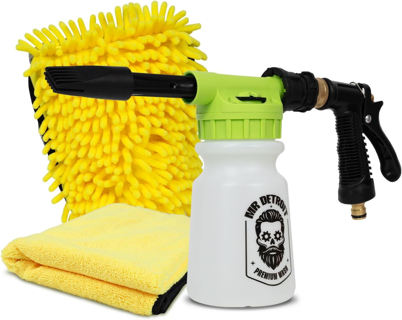 Mr. Detroit - 3pc Car Wash Kit with Foam Blaster, Chenille Wash Glove and Drying Towel, Scratch-Free Cleaning Foam Cannon Sprayer Microfiber Cleaning Cloth for Auto Detailing & Home Use