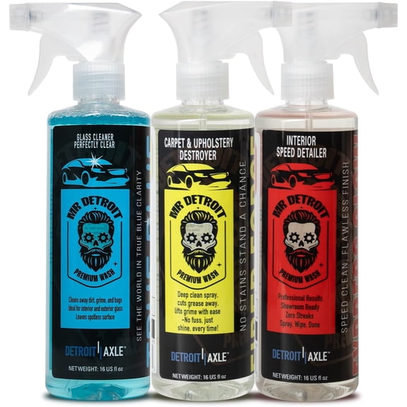 Mr. Detroit - 3pc Interior Cleaning Kit Glass Cleaner with Sprayer, Pro-Grade Carpet Upholstery Cleaner, Interior Speed Detailer - Safe for Cars, Home, Office and More, 16 fl oz