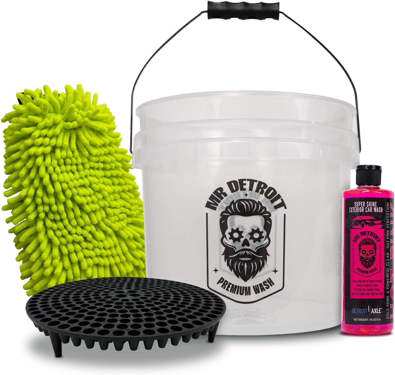 Mr. Detroit - 4pc Car Wash Kit Cleaning Soap Double Noodle Wash Mitt - Free Detailing Cleaner, Heavy Duty Bucket w/ Filter for Auto Home Use