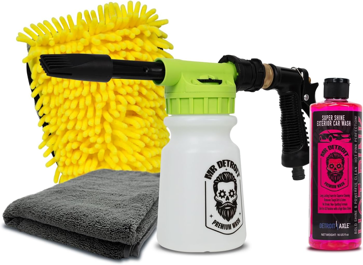 Mr. Detroit - 4pc Car Wash Kit with Foam Blaster, 16oz Car Wash Soap, Chenille Car Wash Glove, Drying Towel, Scratch-Free Foam Cannon Streak-Free Exterior Cleaning for Auto Detailing & Home Use